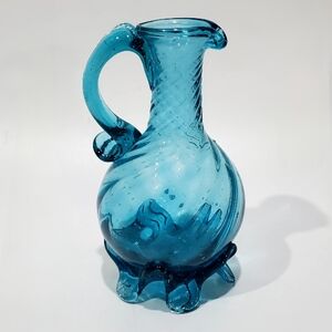 Hand-Blown Blue Optic 5 1/4" Art Glass Pitcher Vase Cruet Empoli / Murano Style